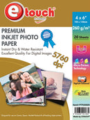 PAPEL FOTO GLOSSY 4X6", 20 HOJAS 100% WATERPROOF, 260GRS. ETOUCH