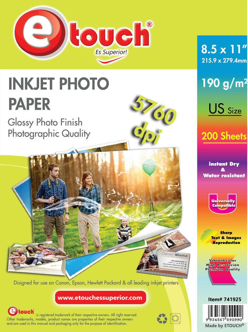 PAPEL FOTO GLOSSY CARTA, 200 HOJAS, 190GRS. ETOUCH