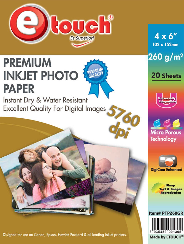 PAPEL FOTO GLOSSY 4X6", 20 HOJAS 100% WATERPROOF, 260GRS. ETOUCH